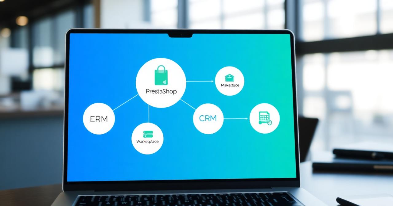 Schema di integrazione PrestaShop con ERP, CRM e marketplace